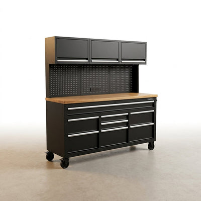 Steel Tool Workstation Built for Heavy Duty Use, Solid Wood Top, Power Module, Ball-Bearing Slides
