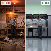 Garage Workbench Suite Built for Professional Organization, Hardwood Surface, Pegboard Wall, Lockable Cabinets — Before & After