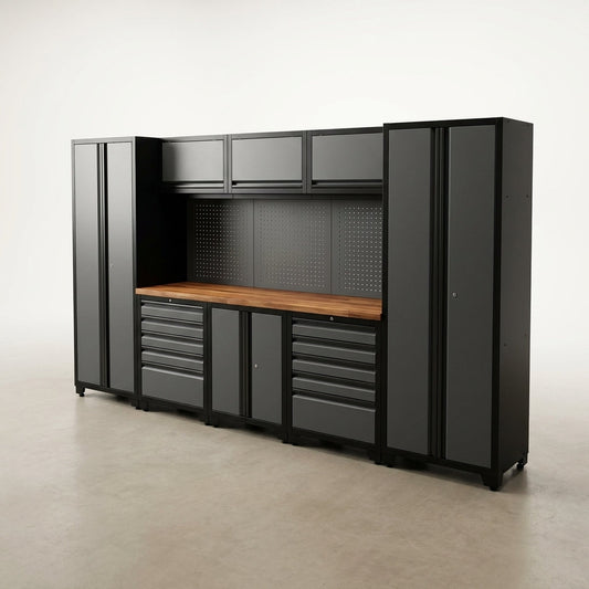 Garage Workbench Suite Built for Professional Organization, Hardwood Surface, Pegboard Wall, Lockable Cabinets — Studio Shot