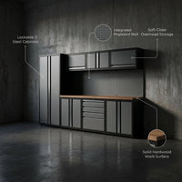 Garage Workbench Suite Built for Professional Organization, Hardwood Surface, Pegboard Wall, Lockable Cabinets — infographic