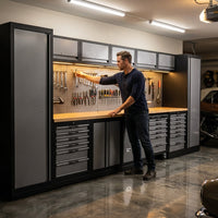 Garage Workbench Suite Built for Professional Organization, Hardwood Surface, Pegboard Wall, Lockable Cabinets — Lifestyle