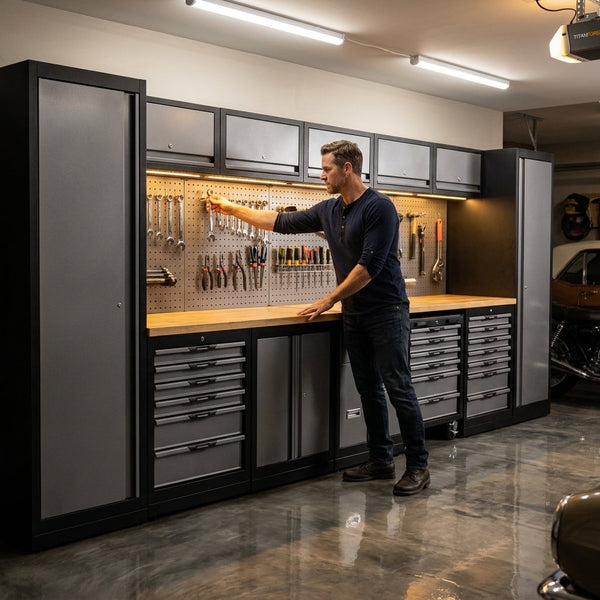 Garage Workbench Suite Built for Professional Organization, Hardwood Surface, Pegboard Wall, Lockable Cabinets
