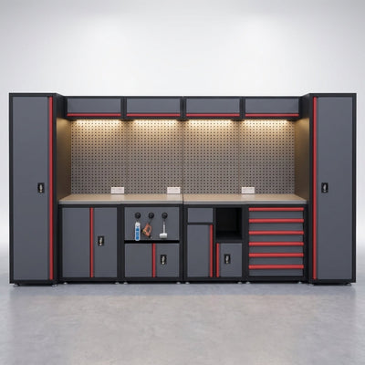 Garage Cabinet System Built for Pro Organization, Modular Wall Mount, LED Task Lighting, Steel Pegboard