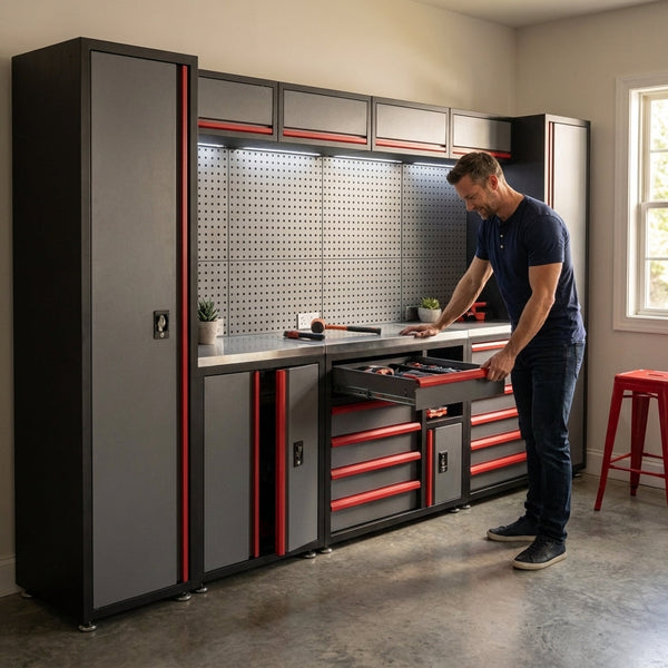 Garage Cabinet System Built for Pro Organization, Modular Wall Mount, LED Task Lighting, Steel Pegboard